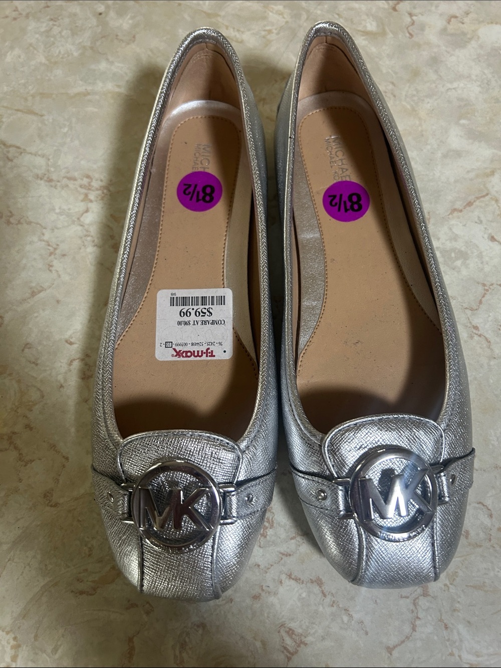 MICHAEL Michael Kors Silver Metallic MK Logo Ballet Flats